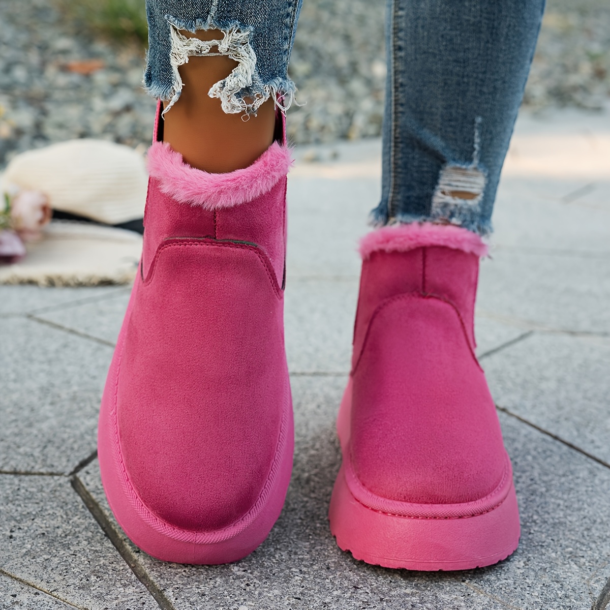 

1paire PoYu Bottines pour femmes, Chaussures mi-étanches en tissu à talon moyen avec semelle en caoutchouc épais, Doublure en tissu chaude, Design à bout normal décontracté