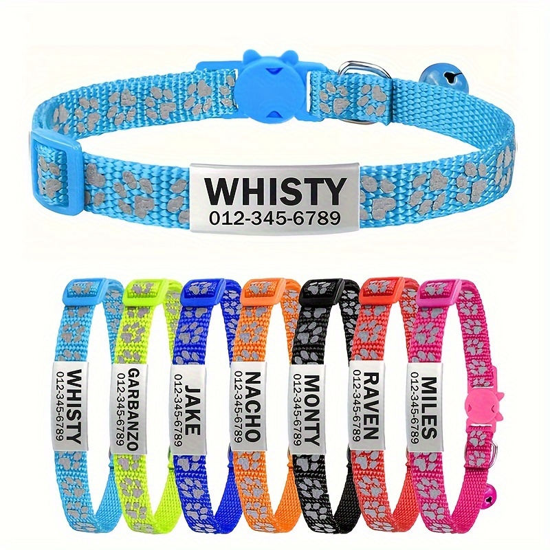 TEMU Reflective Personalized Cat Collar With Safety Buckle, Bell & Paw Print - Nylon, Ideal For Small To Medium Male & Female Cats, Fancy Cat Collar