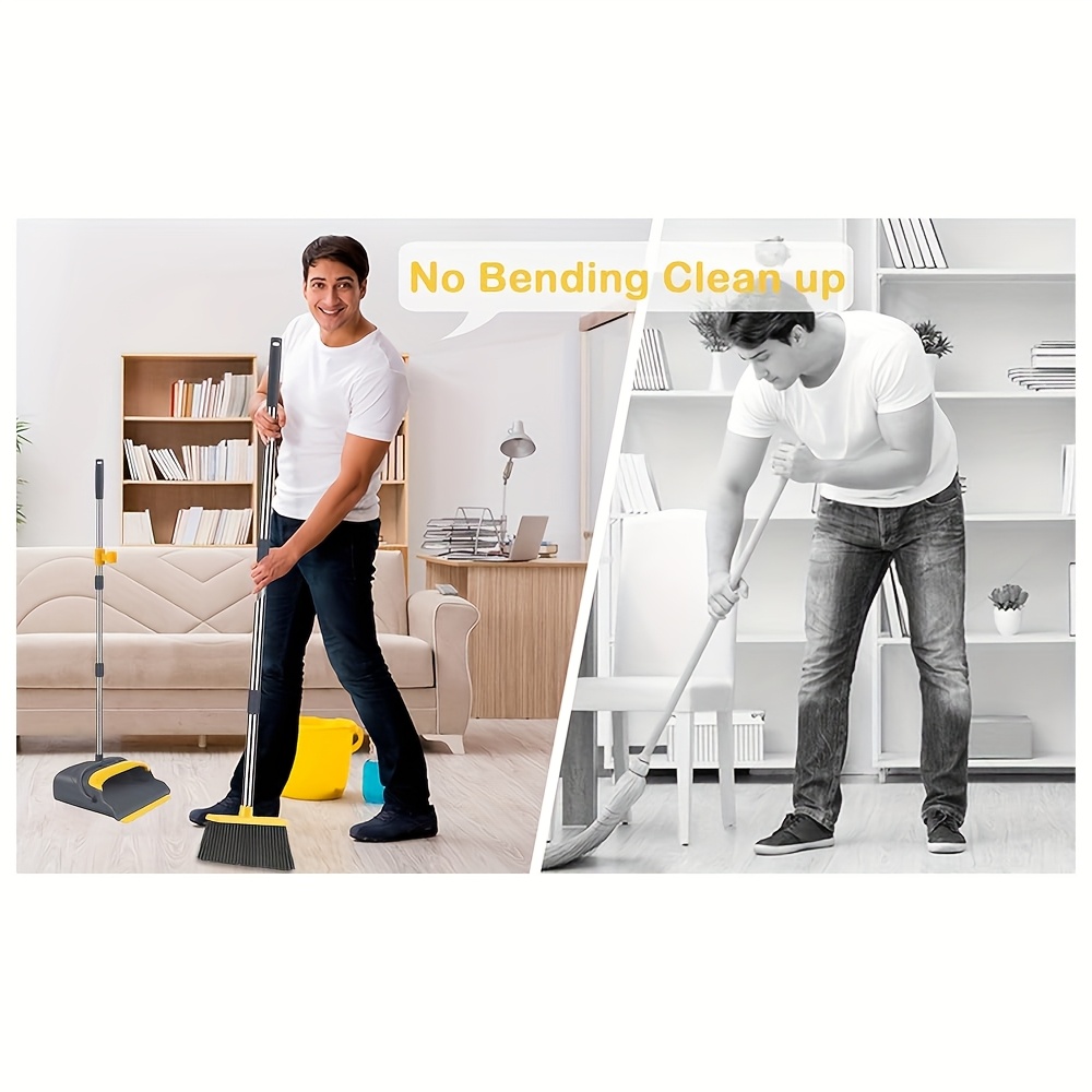 juteng local broom and dustpan set long handle sweep combo for home office kitchen   shop upright dustpan 4 row of dense bristles sweeper indoor outdoor cleaning stand up broom dust pan set gray yellow Product details 2