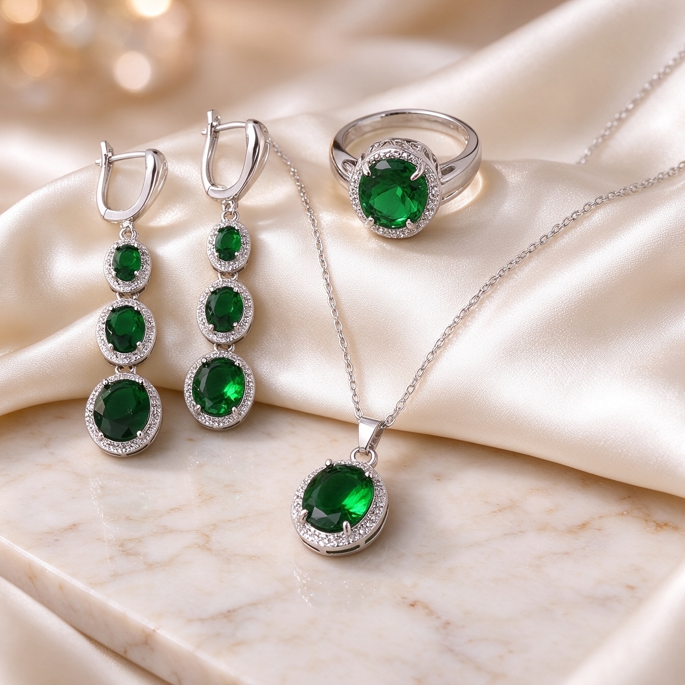TEMU Ensemble de bijoux de luxe en résine verte, collier, boucles d'oreilles et bague à halo de strass étincelants, bijoux de robe de mariée pour