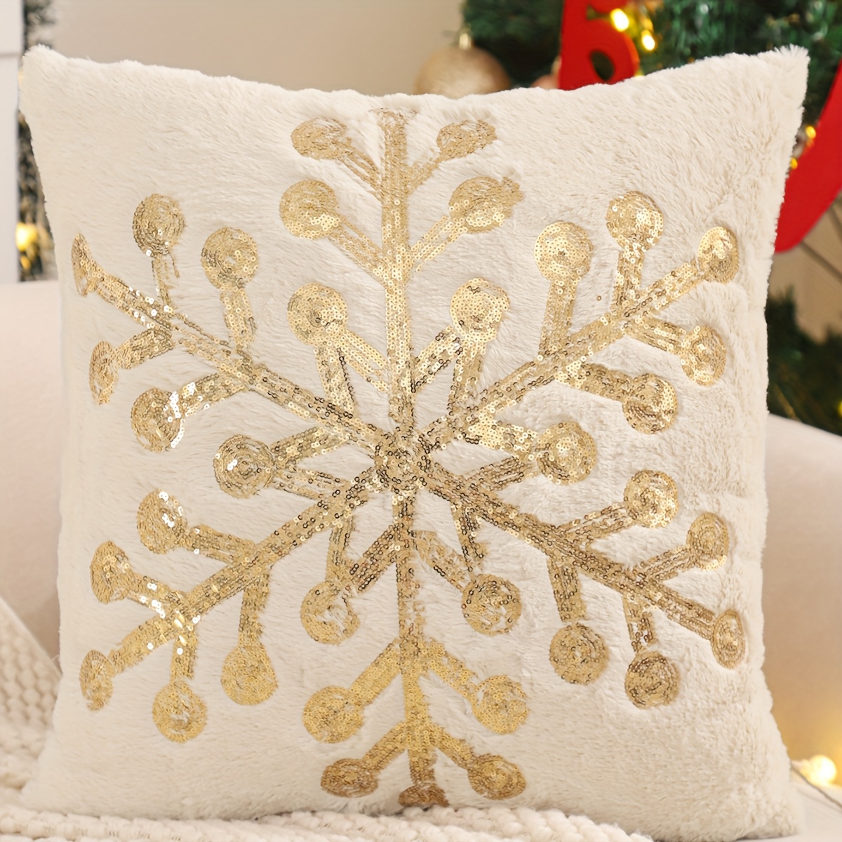 TEMU A Christmas Decorative Pillow Cover Featuring Christmas Trees, Snowflakes, Reindeer, Bows, And Golden Sequins, Perfect For Winter Decor Room Or