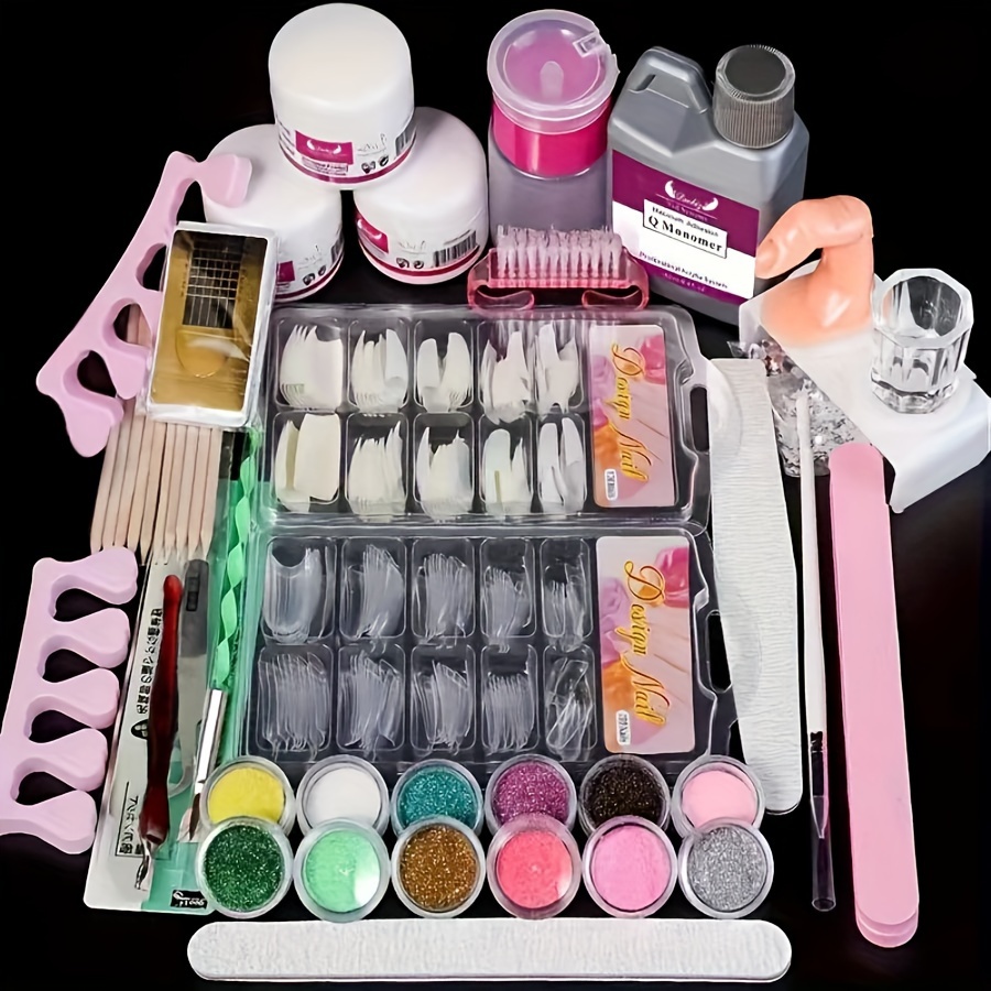 TEMU Acrylic Nail Kit Acrylic Powder And , Full Nail Kit Set Professional Acrylic With , Diy Acrylic Nail Kit With Practice Finger Brush Tips For Beginners