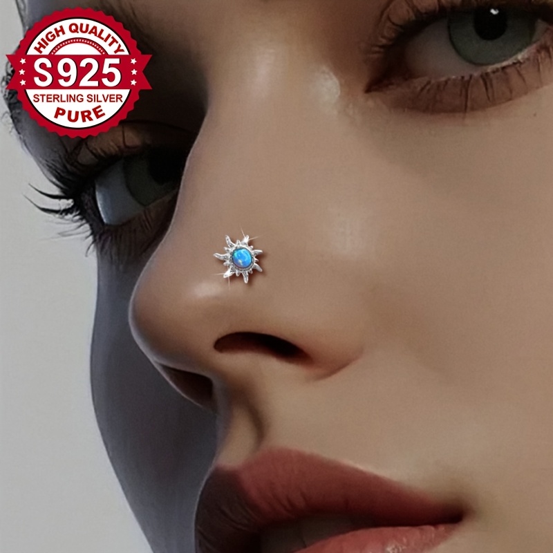 1pc, S925 Silver, Blue Spherical L-shaped Nose Hook With Sunflower Design, Unique Body Piercing Jewelry Suitable For Women' Wear And Parties, Hypoallergenic