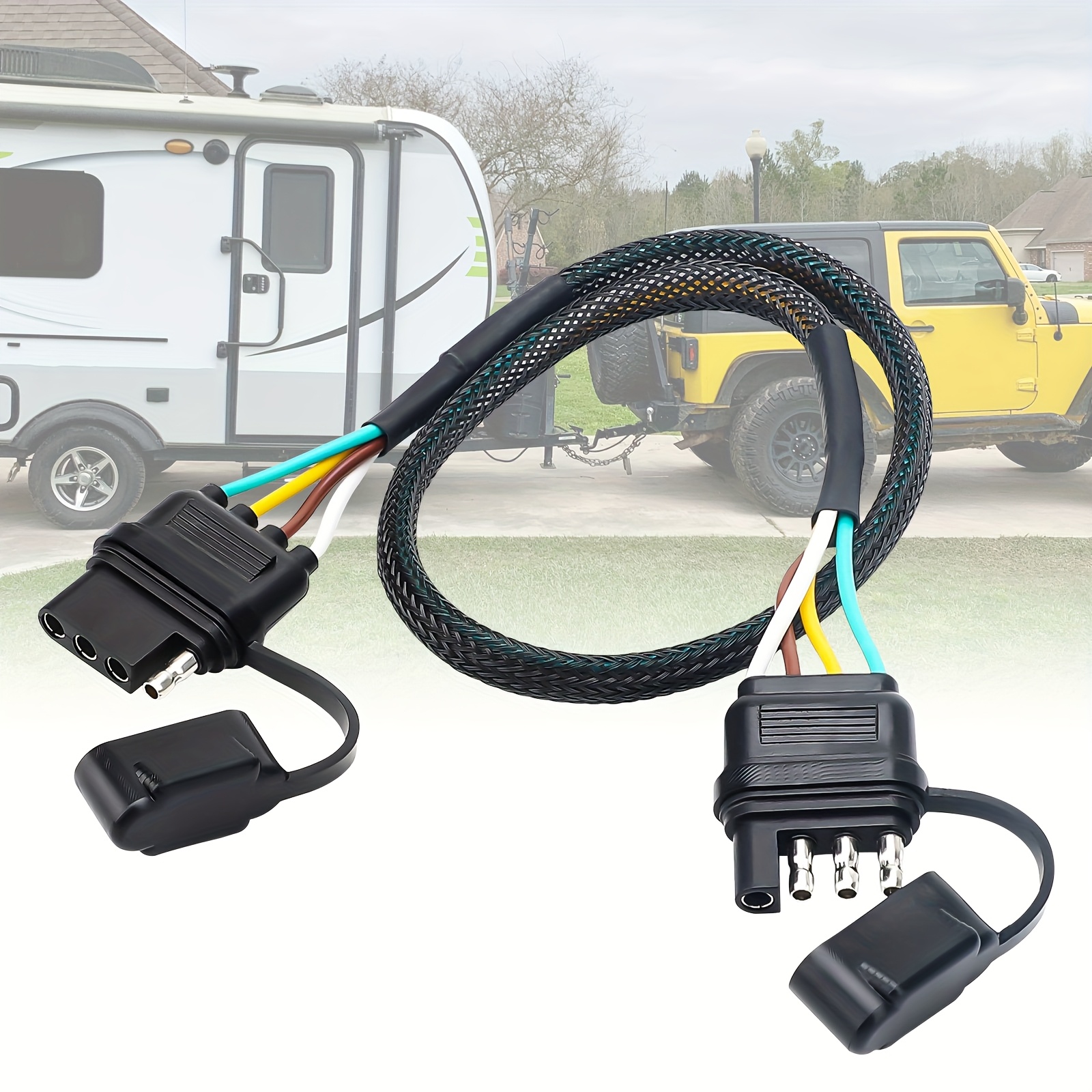 TEMU 4 Pin 24inch Trailer Wire Extension, Flat Trailer Light Plug Connector With Cover, 18awg Pure Copper Wiring Harness Extender, Universal For