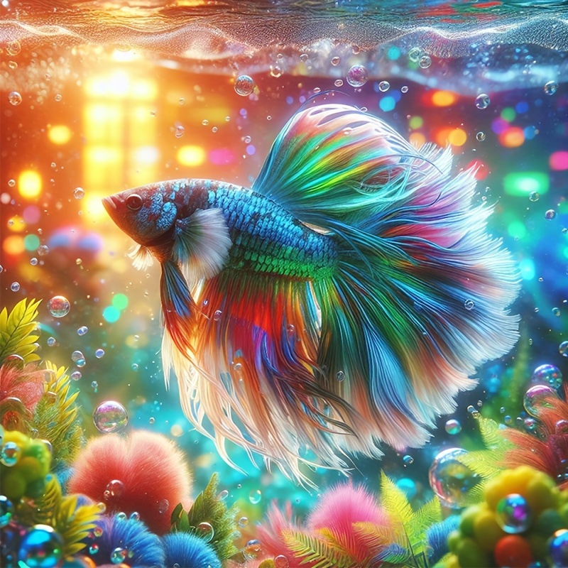 

Diy 40cm/15.7in Diamond Painting Kit: Colorful Betta Fish Diamond Art For Home Decor