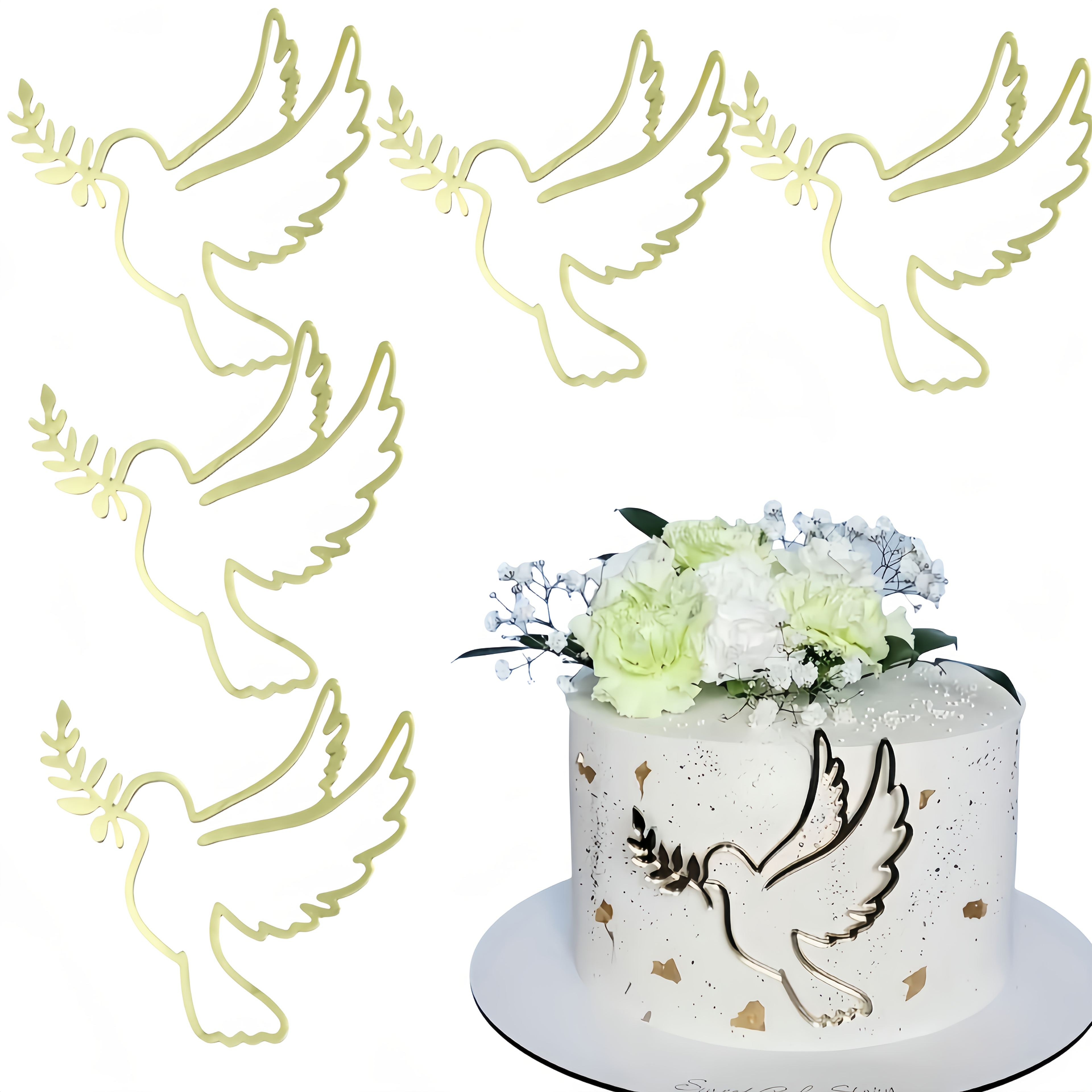 E-shop 5 Stück Goldener Taube & Blatt Kuchen-Toppers - Romantische Hochzeit & Party-Dekoration, Vielseitig für Taufen, Bestätigungen, Jubiläen,