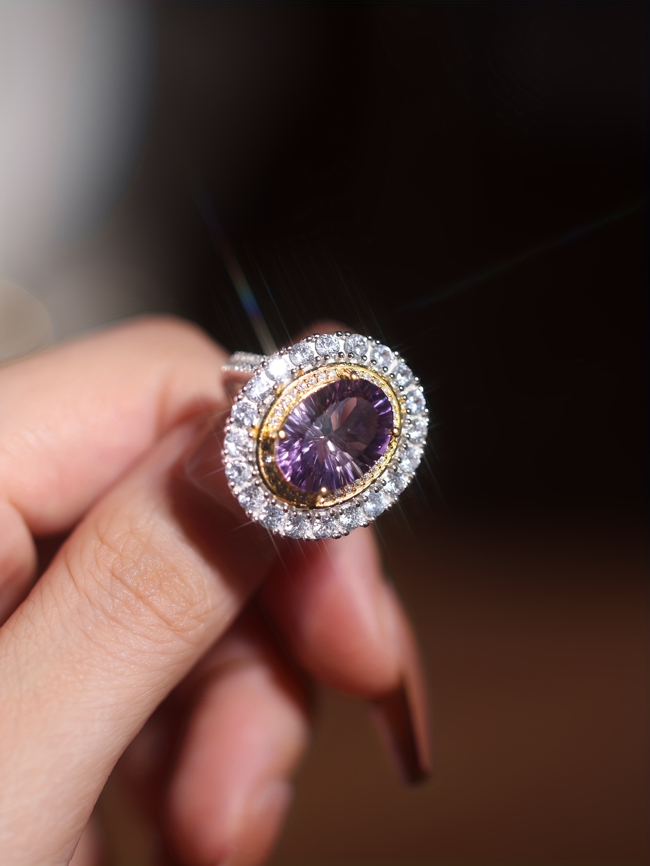 1pc elegant oval purple gemstone 925 sterling silver anniversary ring for women glitter style   jewelry for wedding engagement party valentines day gift   wear details 0