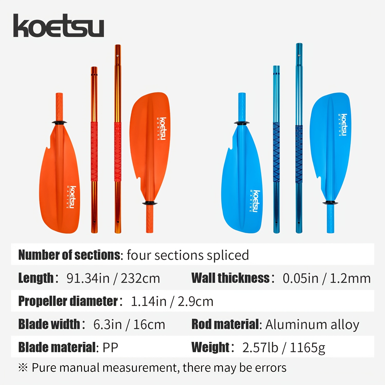 KOETSU Adjustable Kayak Paddle in Blue or Orange