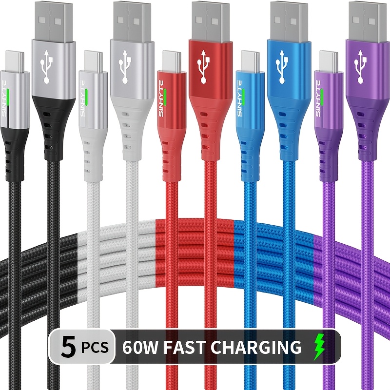 TEMU 5pcs 60w Fast Charging Usb-c Cable For Iphone, For , And All Usb- | Durable Braided Charger & Sync Cord, Matte End, Male To Male Connector,