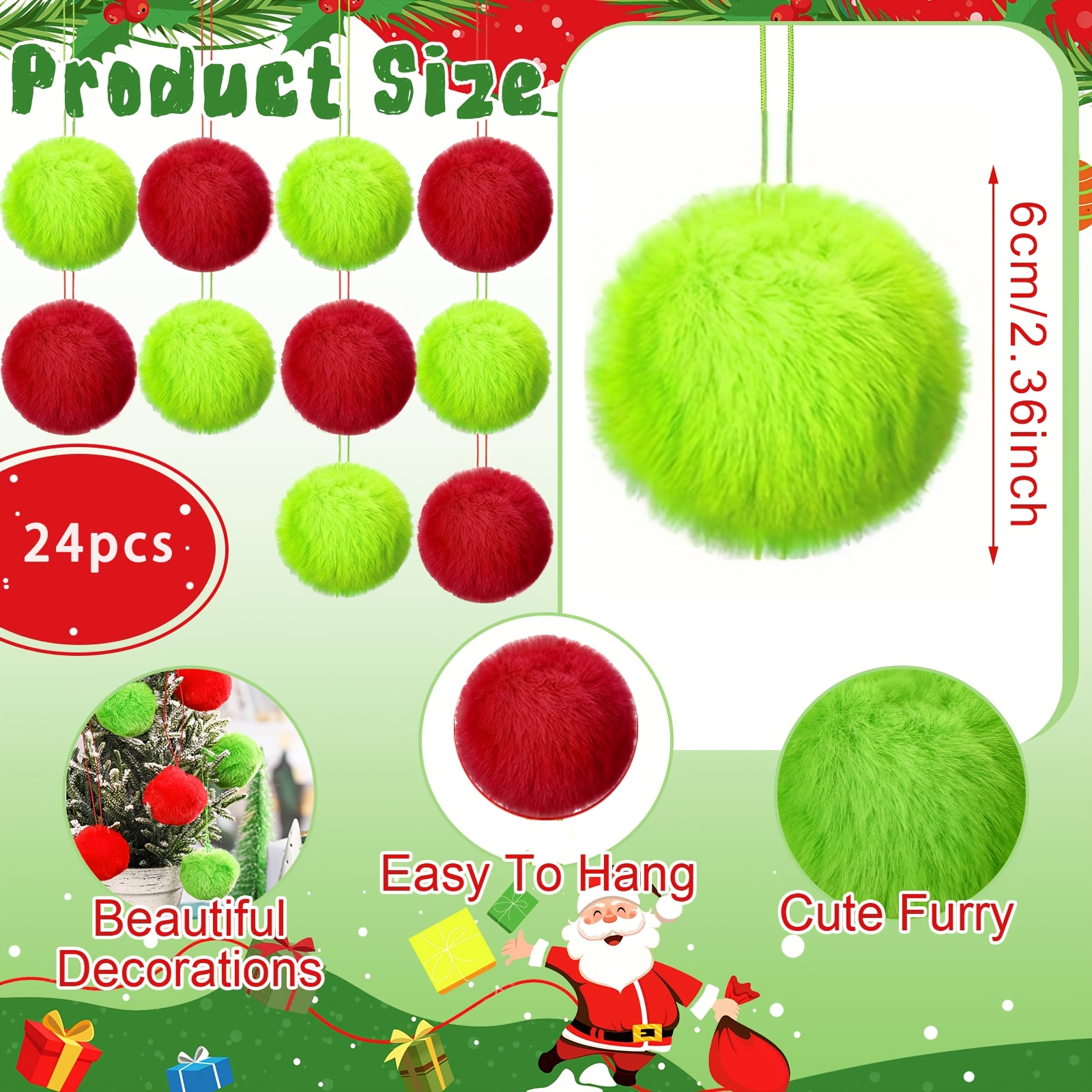 Image of 12/24pcs Of Red And Green Fluffy Christmas Ball Decorations Suitable For Hanging On Christmas Trees, Featuring Soft Lime Green Faux Fur Elf Ornaments, Perfect For Christmas Parties And Home Decor