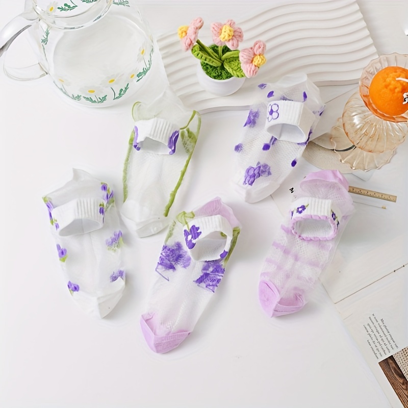 

5 Pairs Floral Lace Mesh Socks, Cute & Sweet Ankle Socks, Women's Stockings & Hosiery