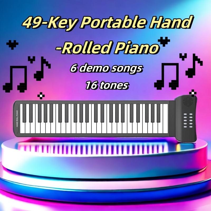 49 key portable roll up piano keyboard silicone folding design 16 tones 6 demo songs lightweight easy to carry black   beginners all skill levels mini piano musical instrument foldable design   supply 0