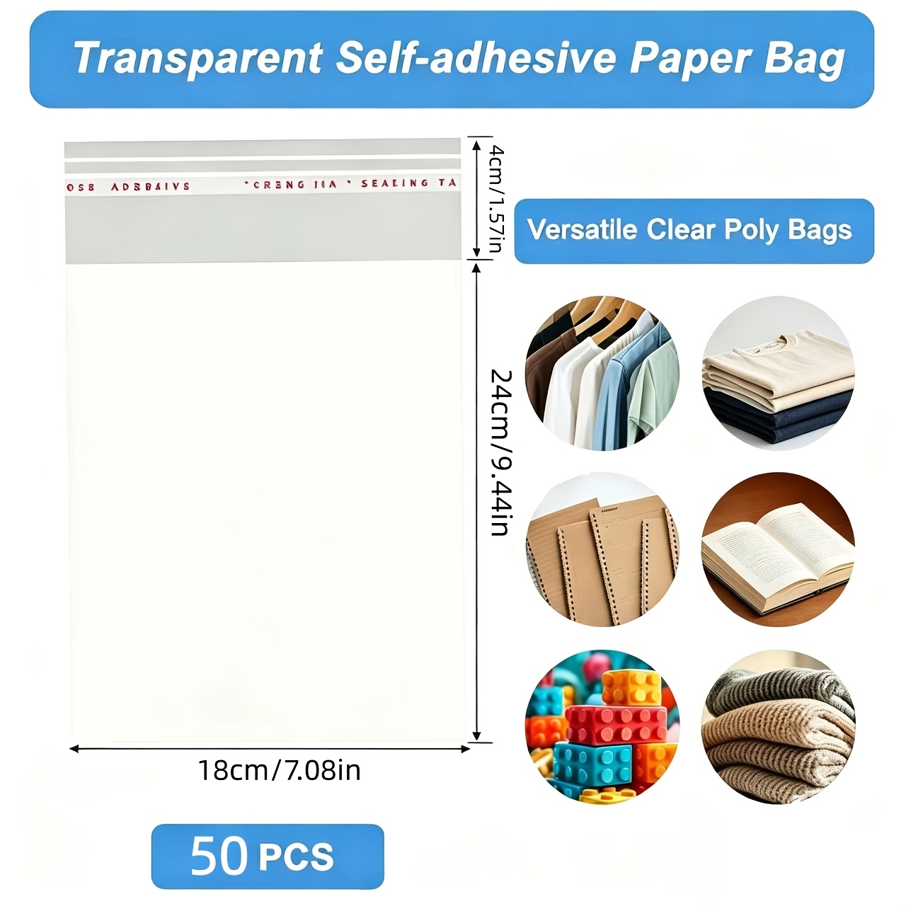 TEMU 50pcs/100pcs, Sacs en plastique de cellophane transparents et refermables pour de chemises, de vêtements et de produits