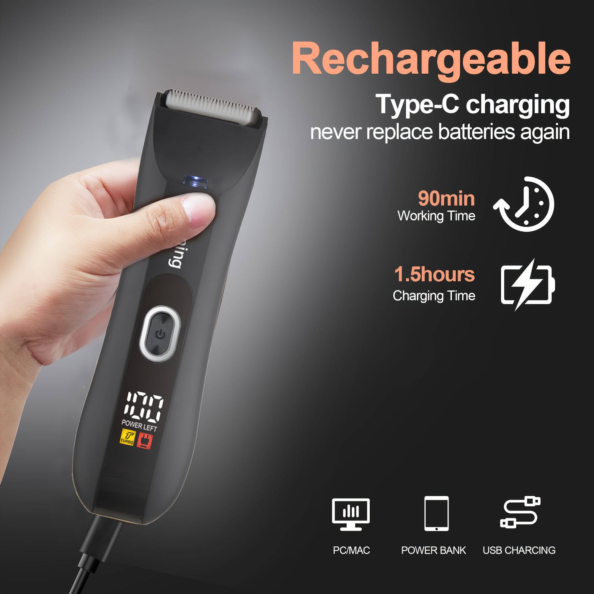 Water-resistant Men's body hair trimmer & shaver, LCD screen LED light, Men's groin and bikini electric ball shaver, with replaceable ceramic blades, 4-size protective cover, 2-speed shaver, suitable for beauticians, Xmas and Black Friday gifts