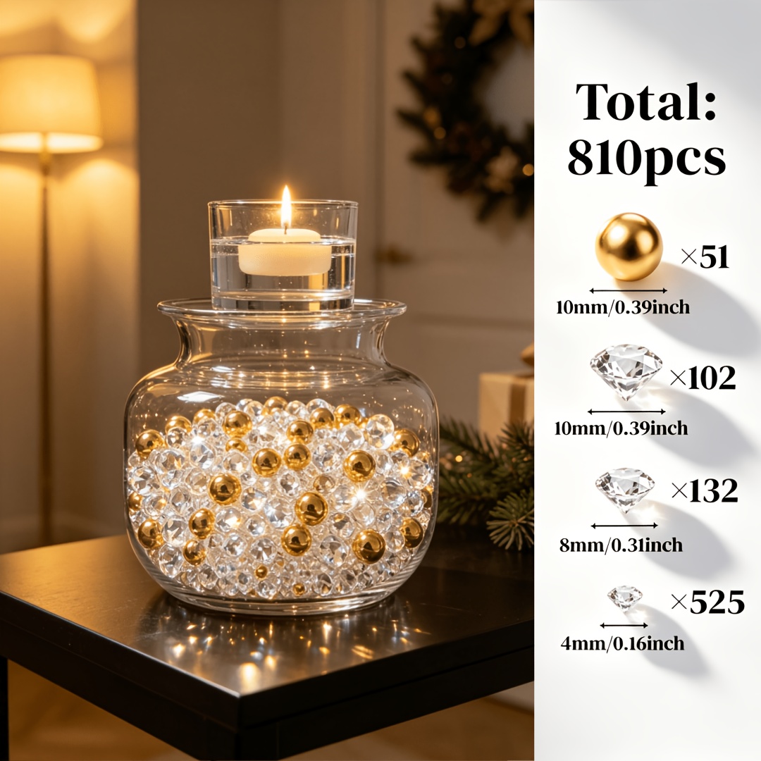 TEMU 810 pièces de perles dorées et de en acrylique, remplissage pour bougies flottantes, mariage, décorations de Noël, centres de table - Vase non ,