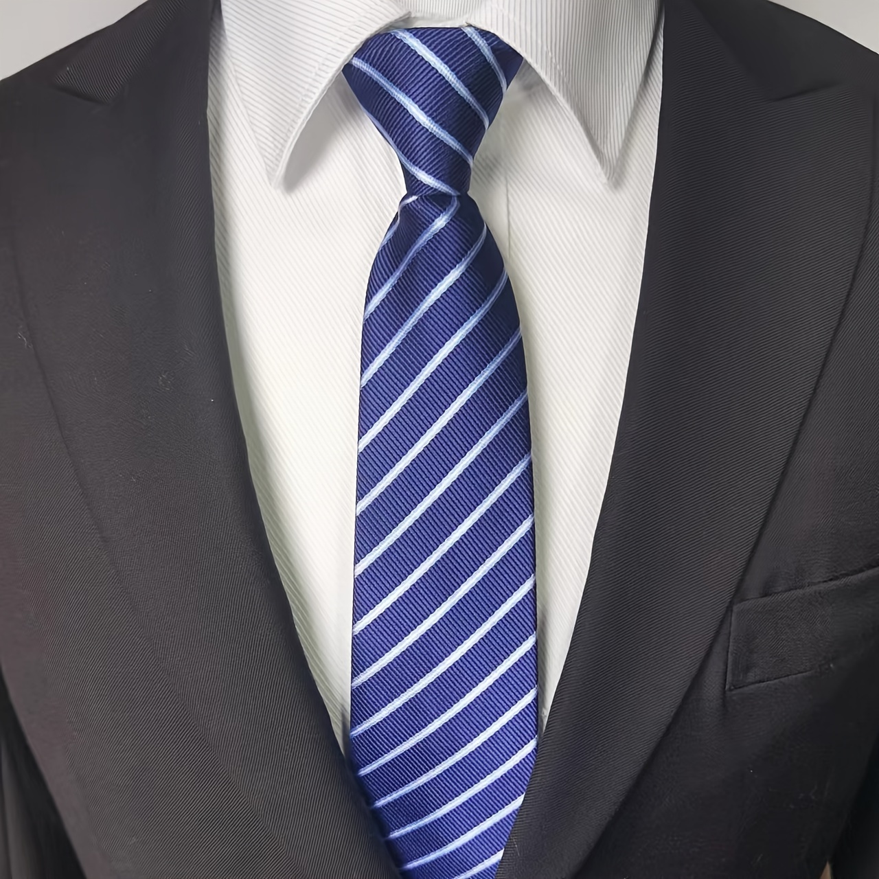 Classic Solid Black Silk Tie Fine Striped Repp Working Neckties For