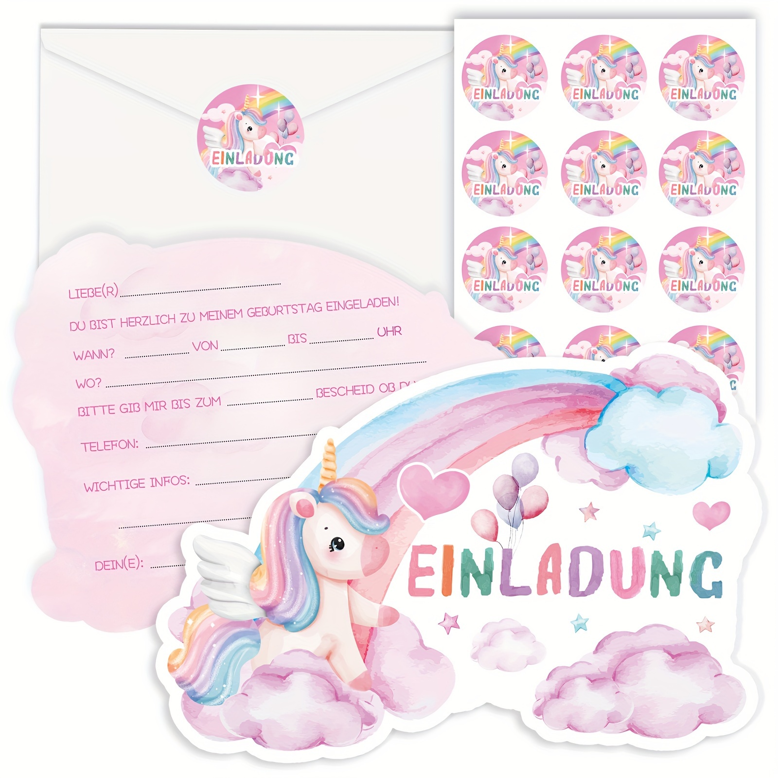 

12pcs German Unicorn Birthday Invitation Card With 12 Envelopes, 12 Unicorn Stickers, Birthday Gifts, Theme Parties, Holiday Parties, Invitations Greeting Cards Invitations Invitation To Good Friends