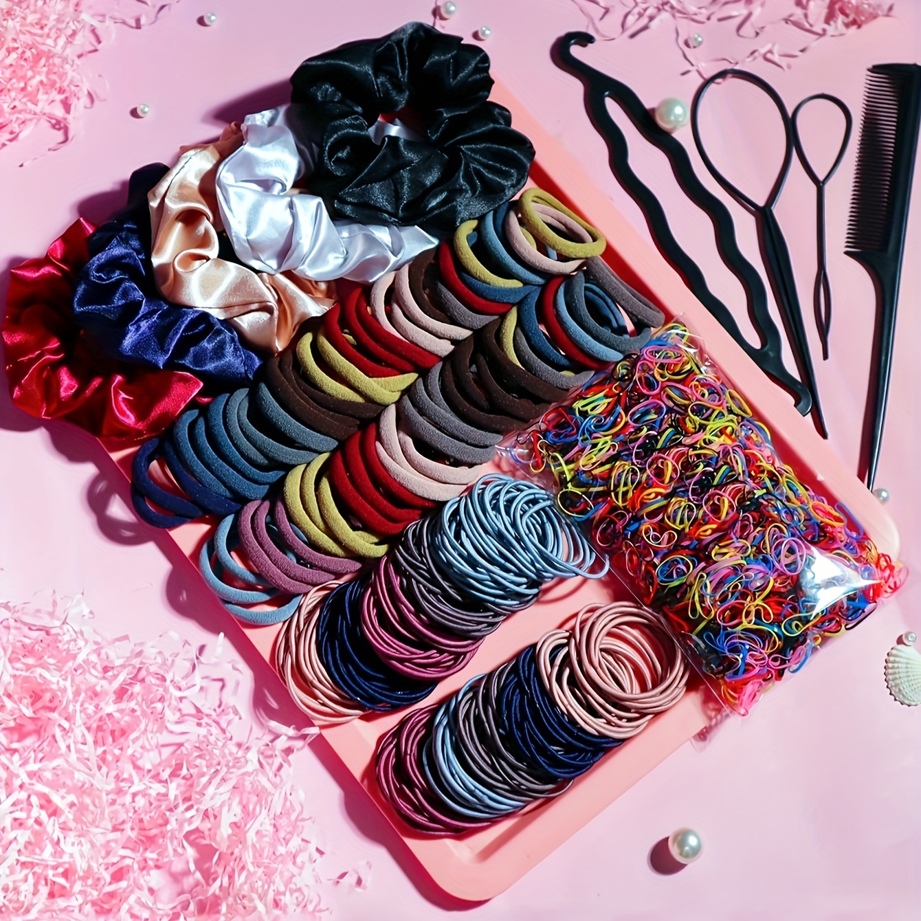 

1159pcs Ladies Hair Styling Accessories Set – Simple & Y2k Style Assorted Ponytail Holders, Scrunchies, Disposable Elastics, Hair Bun Makers, Pointed Tail Fine Tooth Comb