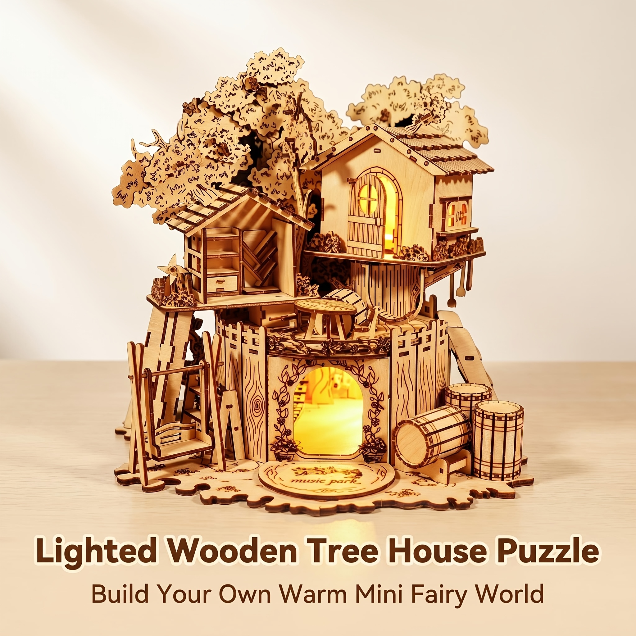 3d Wooden Puzzle For Tree House With Light Handmade Crafts Assembly Model Kits Creative Decoration Birthday And Christmas Gifts