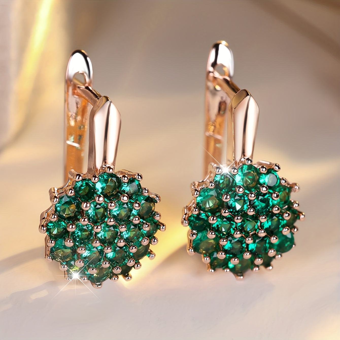 Image of A Pair Of Classic Sunflower Women's Round Synthetic Synthetic Zirconia Earrings With Green Sunflowers, Rose Golden And Silvery, Wedding Flower Jewelry, Engagement Gift