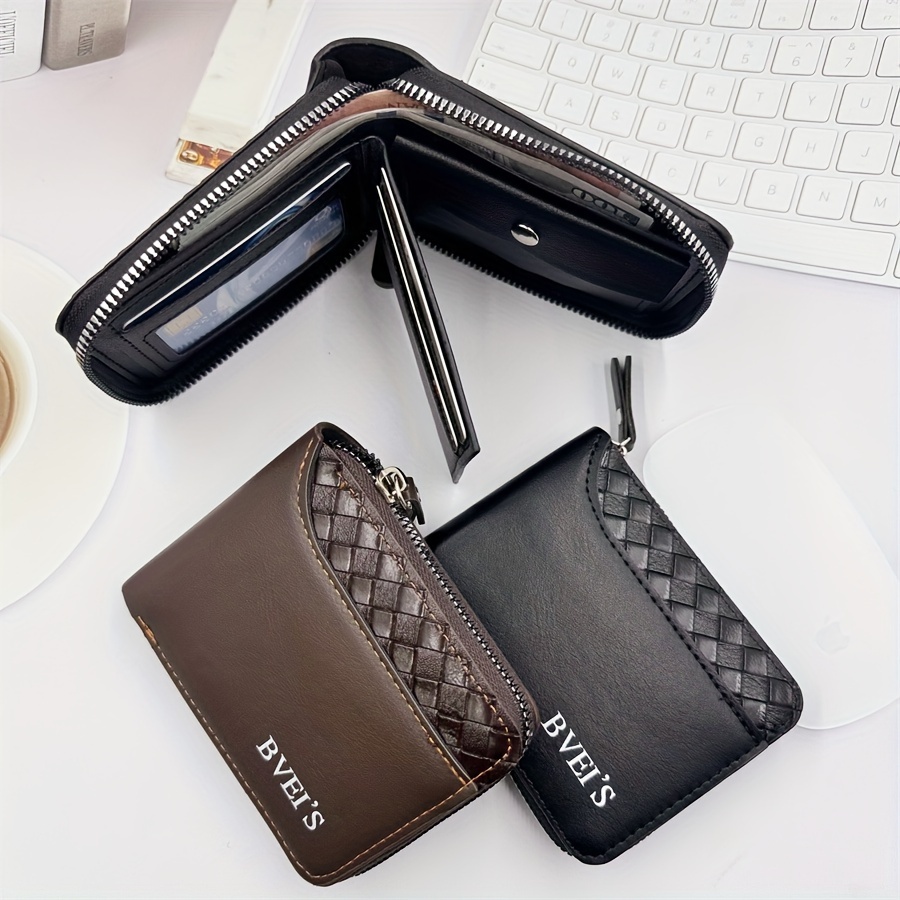 

Men's Compact Bifold Wallet With Zipper - Sleek Pu Leather, Woven Pattern Design