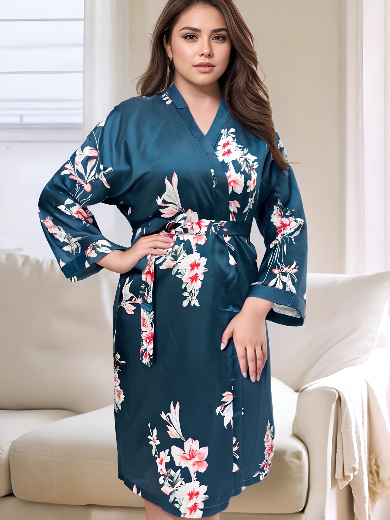 Plus Size Casual Floral Print Satin Kimono Robe for Women 100% Polyester  Long Sleeve Dressing Gown with Belt Non-Stretch Woven Sleepwear