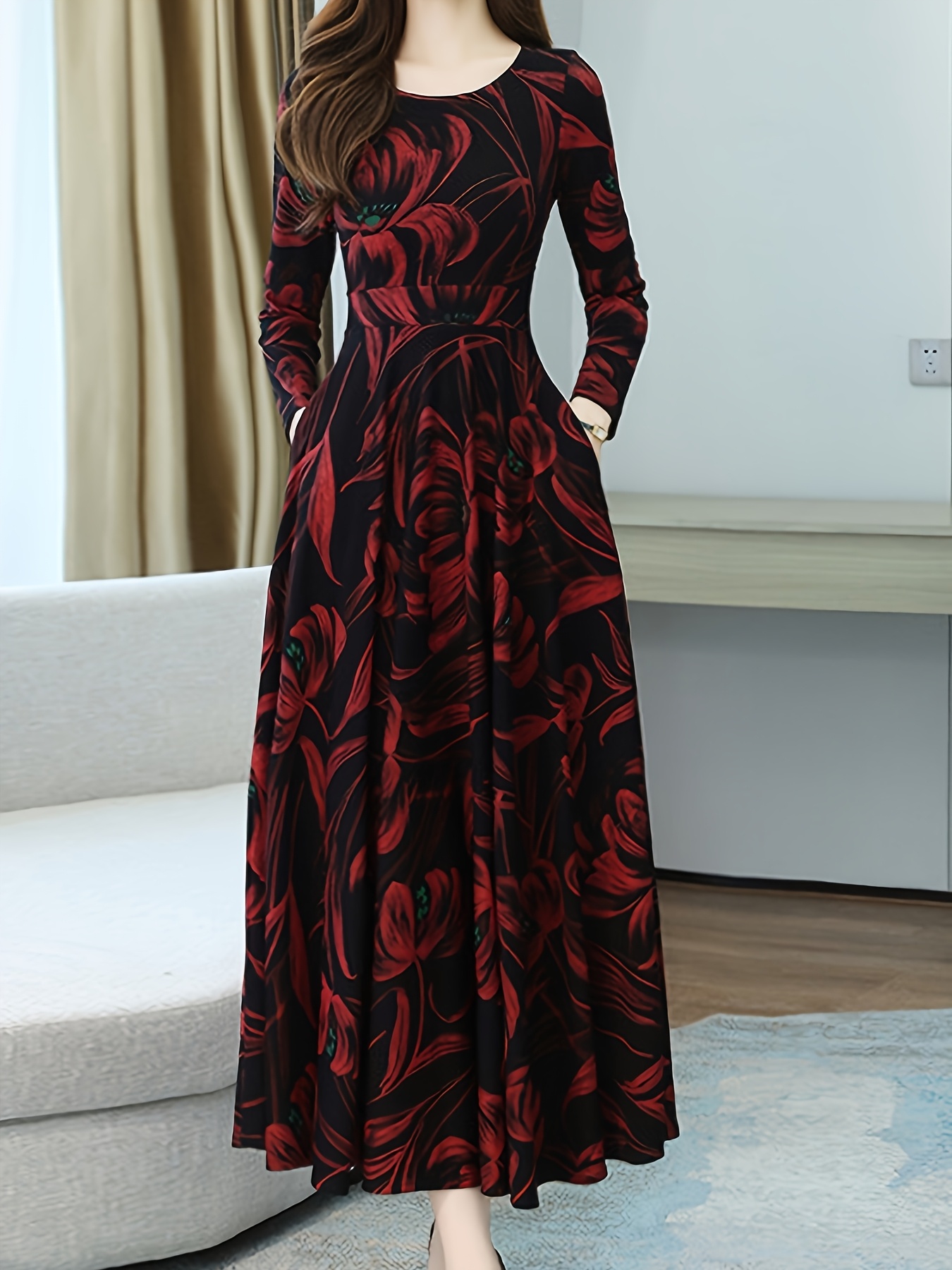 Red floral print maxi dress with ruched waist A line silhouette model wearing dress