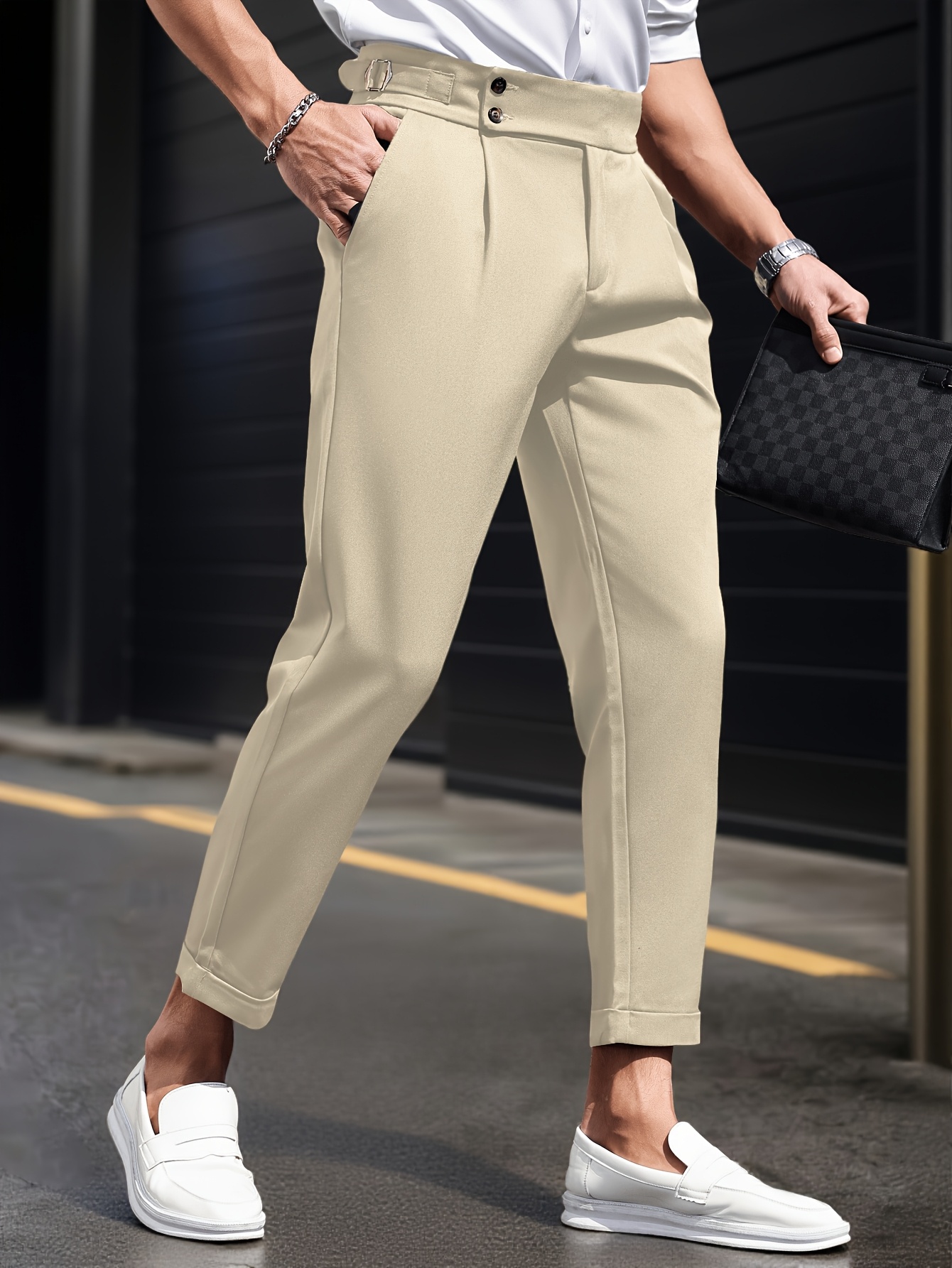 mens solid color slanted pocket cropped pants regular fit Temu