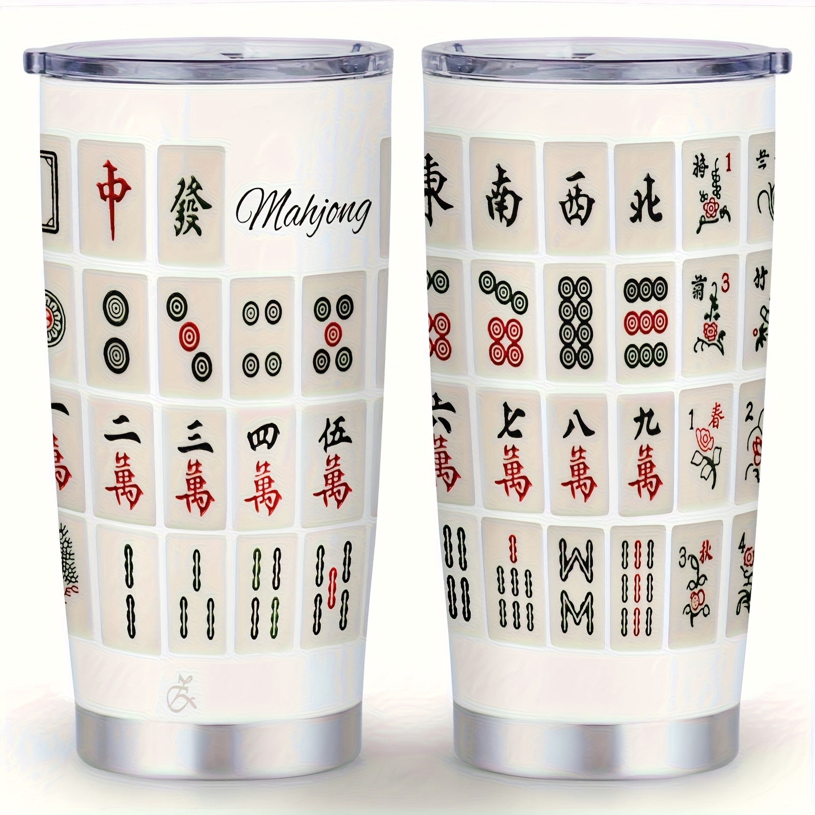 20oz Stainless Steel Travel Mug With Lid - Mahjong Reusable Coffee Cup, Cup Holder Friendly, & Hand Wash Only, Gift For Christmas, Valentine's Day, , Holiday Gift Mug, Clear Lid Feature, Coffee Mug