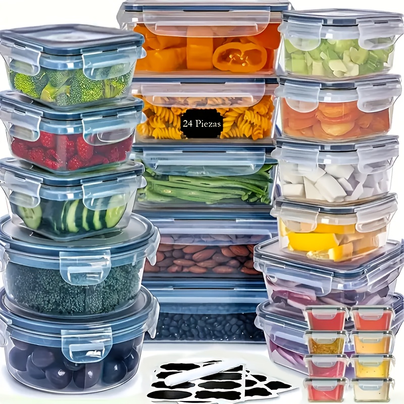 

8pcs/24pcs With Lid Sealed Food Storage Containers - Leak-proof Meal Prep Containers, Suitable For Kitchen Storage, Reusable Plastic, Microwave/dishwasher, With Labels And Pen