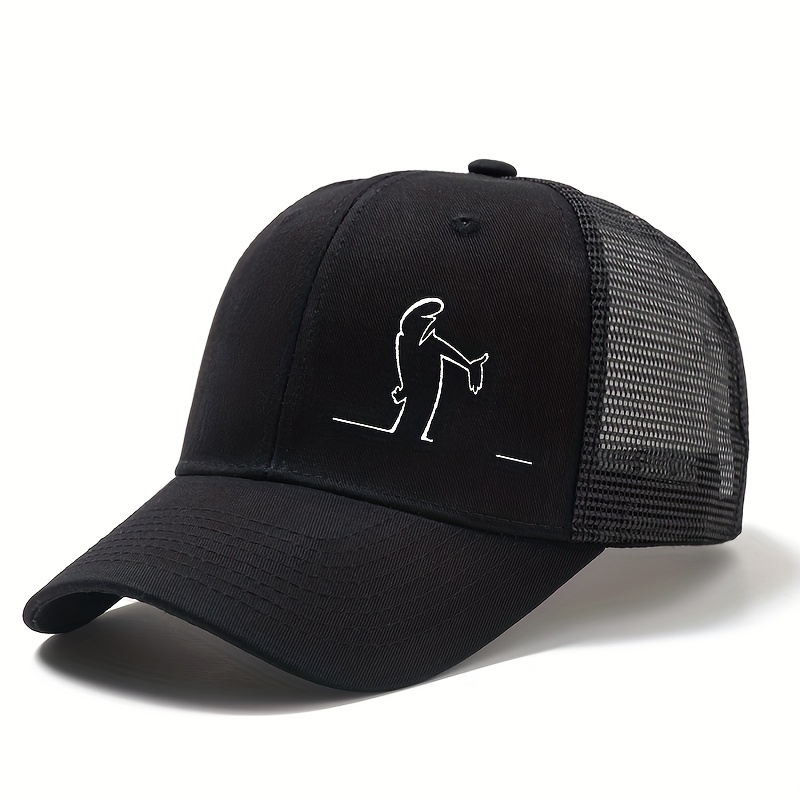TEMU Unisex Hard Top Mesh Breathable Baseball Cap, Printed Matchstick Man Silhouette Curved Brim Hat, Summer Outdoor Sun Hat, Trucker Cap, Casual