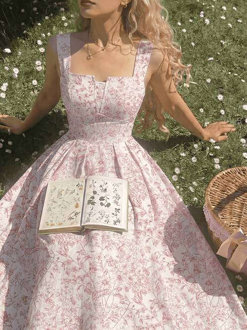 womens spring summer print waist cinching elegant thick spaghetti suspender dress for vacation and dates