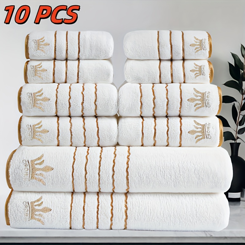 10pcs Luxury Bath Towel Set with Golden Crown & Stripe Design - Extra Large 70x140cm/27.5x55in, Large 42x70cm/16.5x27.5in, Small 35x35cm/13.7in - Plush Microfiber Spa Towels in Elegant Dark Brown & Golden for Bathroom, Gym, Hotel, Spa - Ideal Gift Set with Black & Golden Trim, Ultra-Soft & Durable, Perfect for Home or Travel, Includes Bath, Hand, and Face Towels, Towels Bath Towels, Bathroom Towels