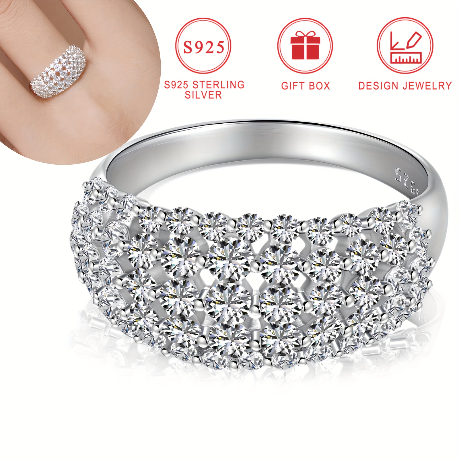 

Sterling Silver S925 Wide Band Women's Ring, Curved Pave Set 5a Cubic Zirconia, Elegant & Bling Fashion Design High-quality Jewelry, Perfect Gift With Box
