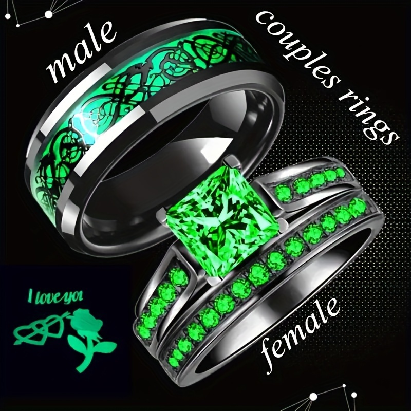 Ringheart Black & Green Couple Rings - His & Hers Matching Wedding Bands With Princess Cut 6mm CZ
