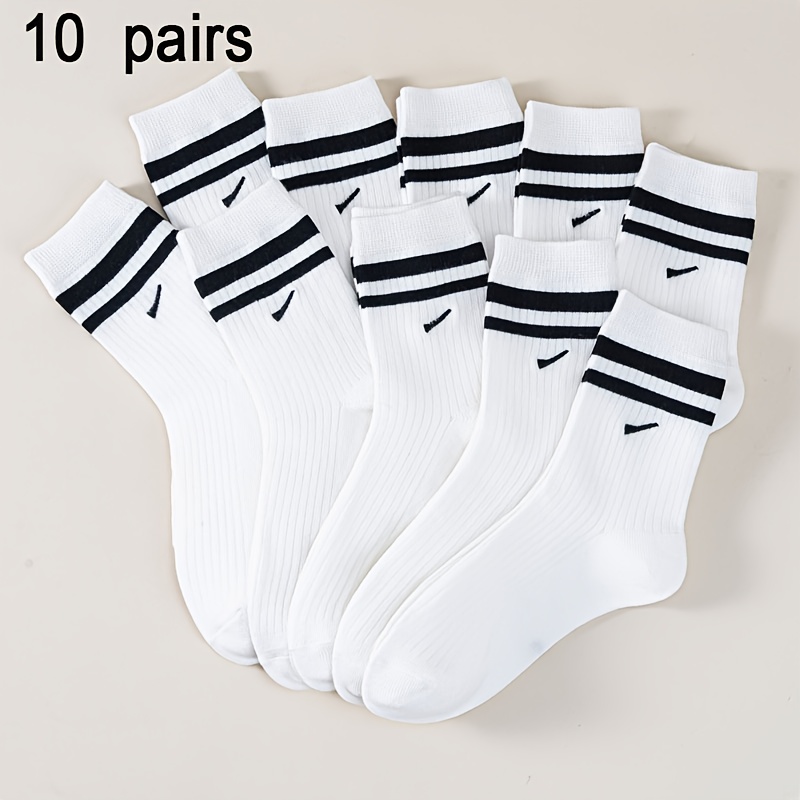 Image of 10 Pairs Of Sports Crew Neck Socks, White, Black Stripes & Logo, Soft & Breathable, Perfect For Daily/running/gym/leisure, Value Pc