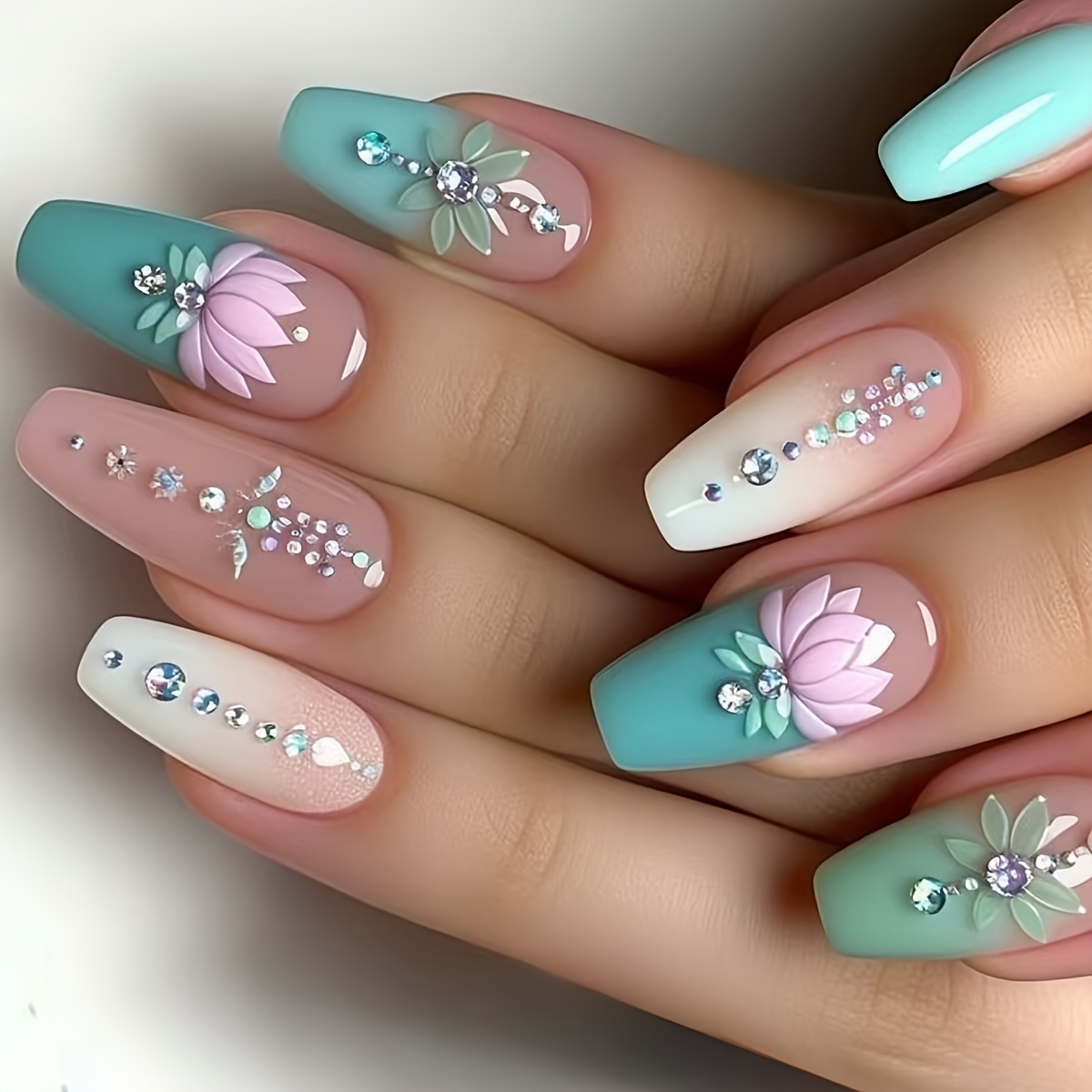 

24pcs Ballet Coffin Press-on Nails Set, Mixed Color Gradient With Green Lotus And Rhinestones, , Medium Length, Includes Nail File And Jelly Glue, Women And Girls