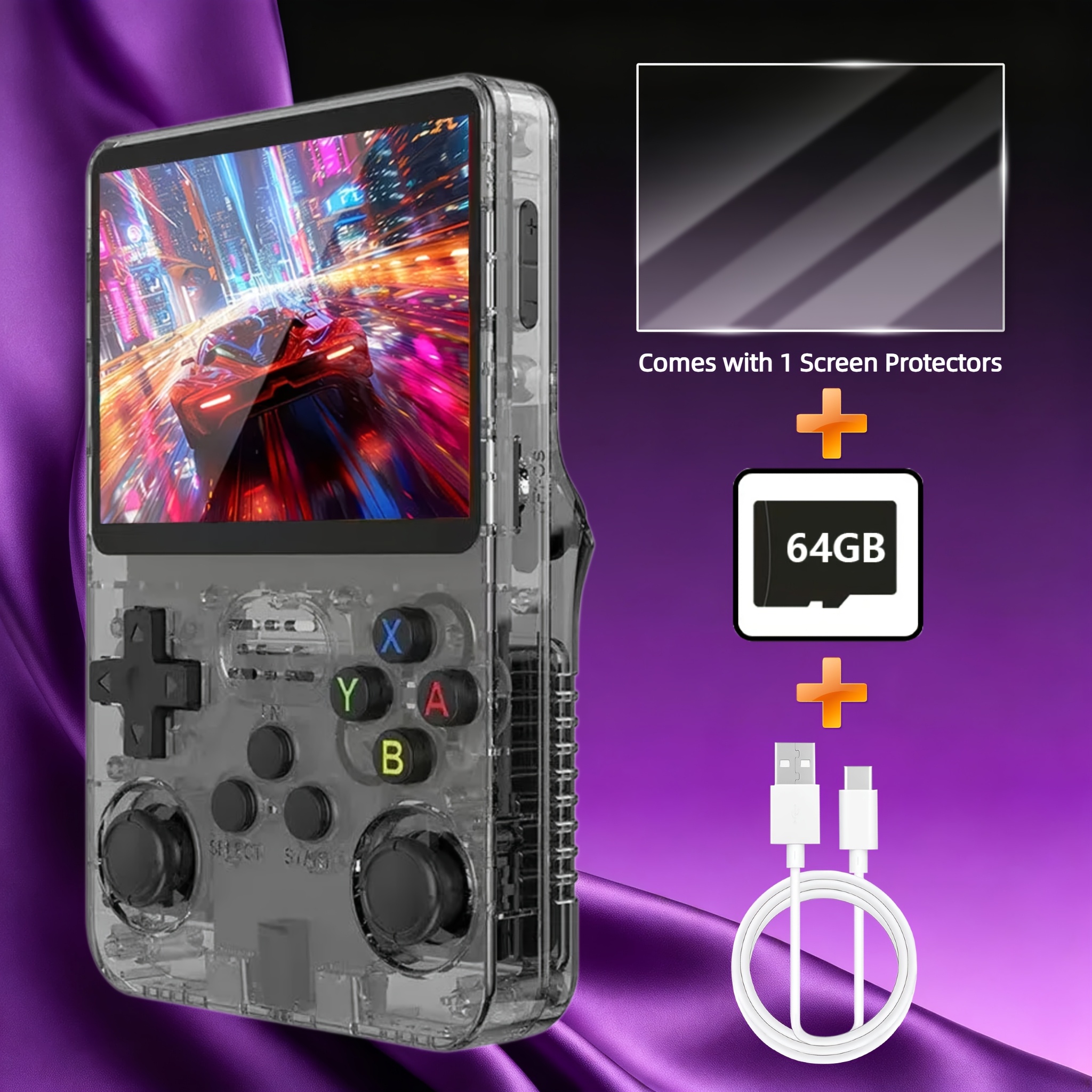 handheld r36s gaming console supports usb charging with 3500mah long lasting battery compatible with multiple formats   with a 3 5 inch hd display 64gb large storage capacity a portable gaming console vintage gaming console the top