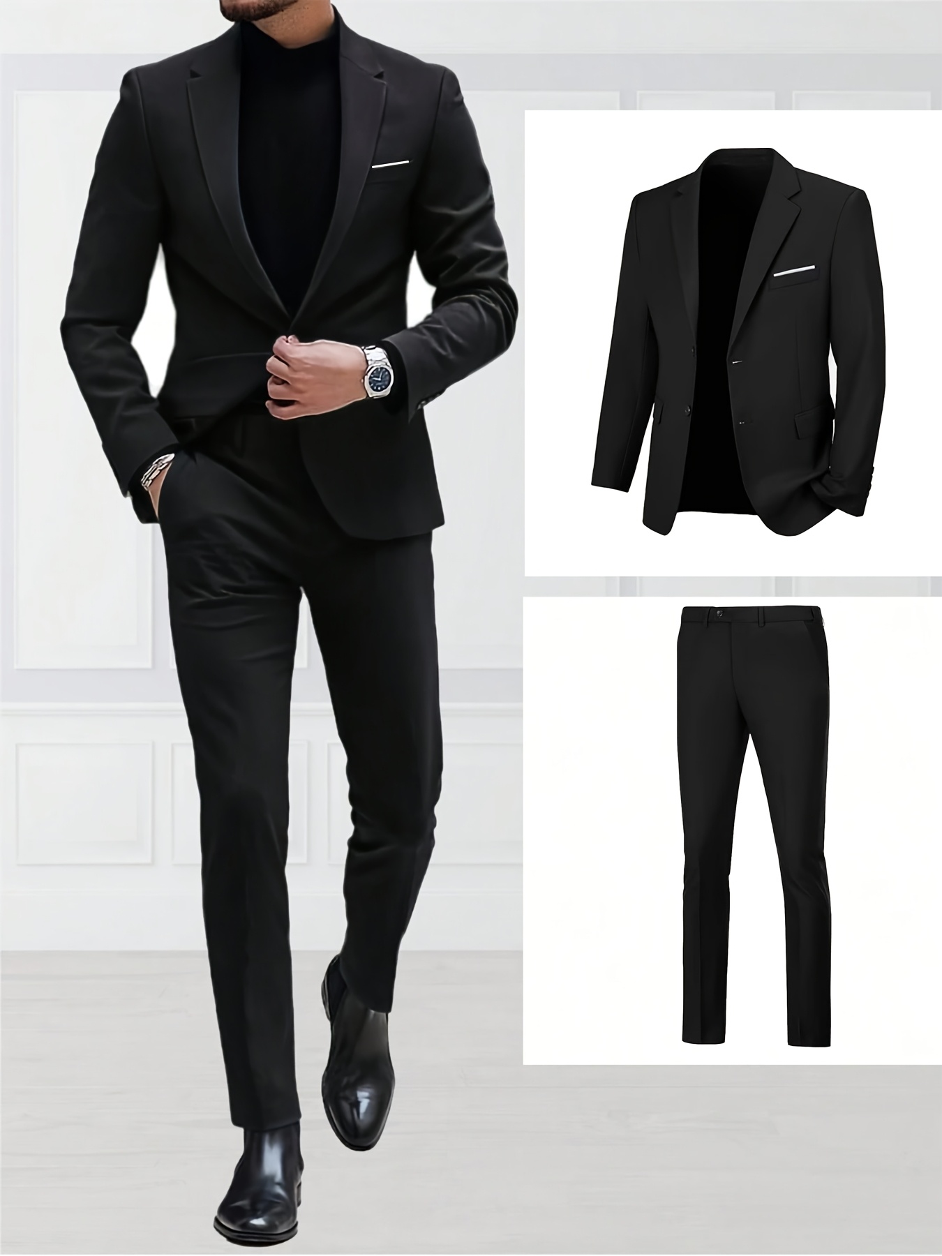 2pcs mens suit set single breasted two button black suit - Temu Sweden