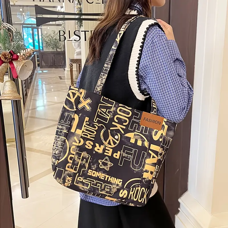 1pc steampunk style oxford cloth tote bag fashion shoulder bag with fixed straps foldable with magnetic closure polyester lined large capacity graffiti letter print shopper details 3