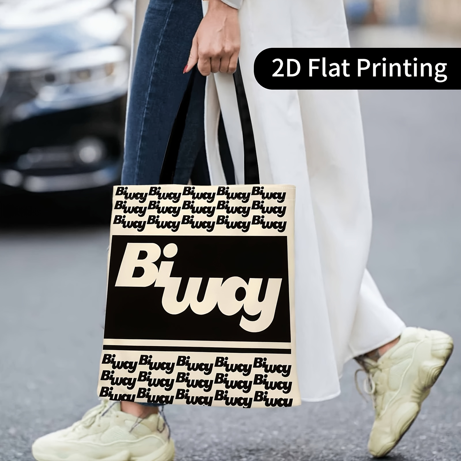 TEMU Sac Décontracté avec Impression Logo BIWY - Design de Texte Répétitif , Options Beige/Rouge/Rose/Gris - Sac Léger pour Shopping, Fêtes - Cadeau