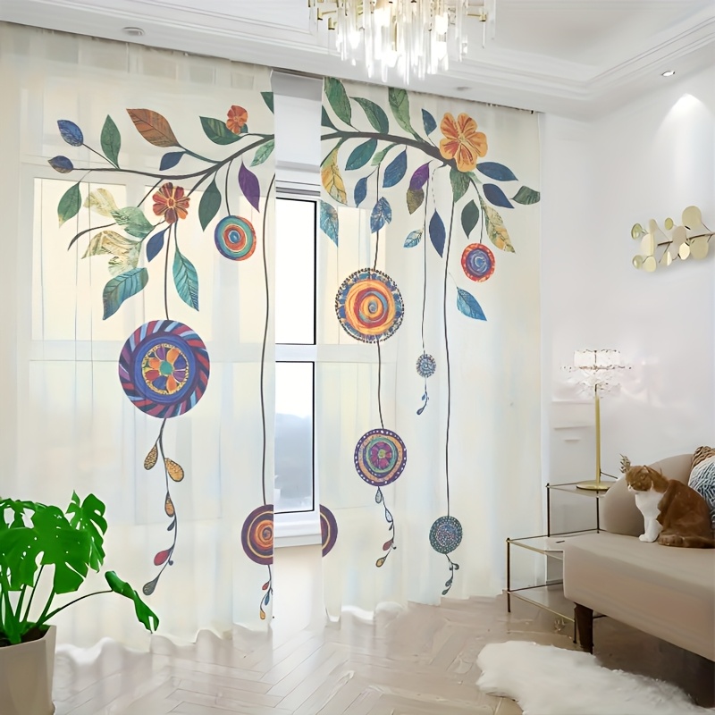 TEMU Home, Gift, Holiday Themes, Wedding Decorations, 2pcs Semi-transparent Window Sheer Curtains, Ethnic Style Printed Curtains With Colorful Spiral