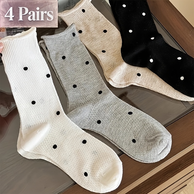 TEMU Lot de 4 paires de chaussettes pour femme en ajourée fine, à pois crème style Ins pour et l'été, chaussettes ultra-fines respirantes et