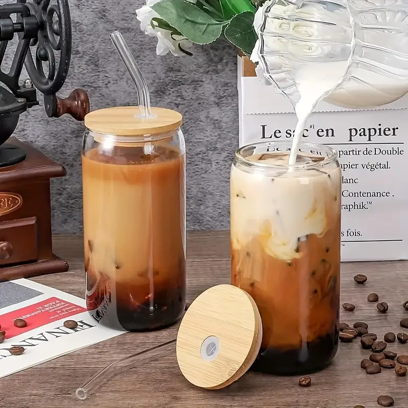 8 pack glass with bamboo lid glass straw set gift cleaning brush 16oz drinking cup in can iced coffee cup cute anti travel exercise hydration christmas halloween dinner Product details 1