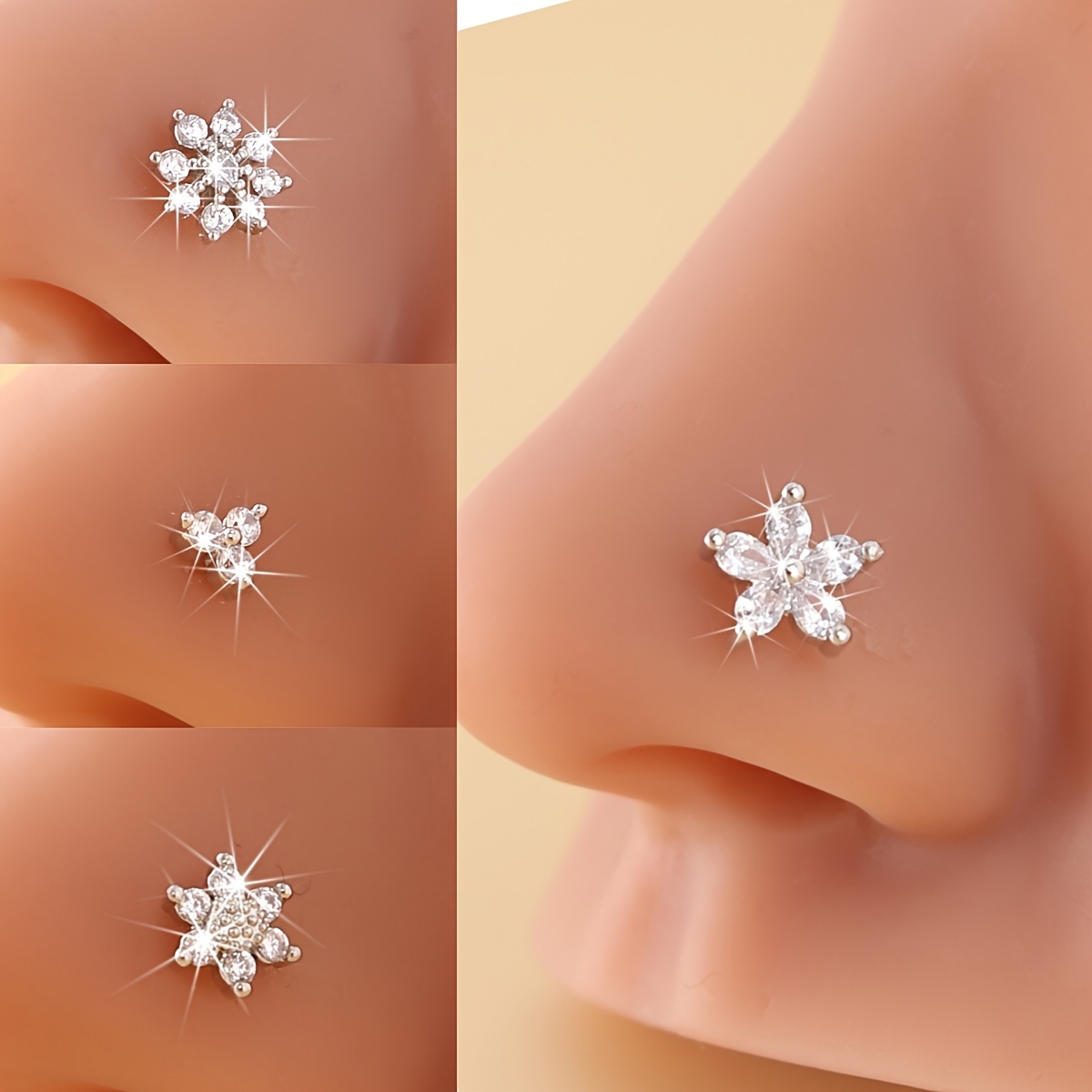 4-pcs Floral Nose Rings, Inlaid With Synthetic Zirconia, For Daily Wear And Gift- - Cute Nose Piercing Jewelry - Piercing