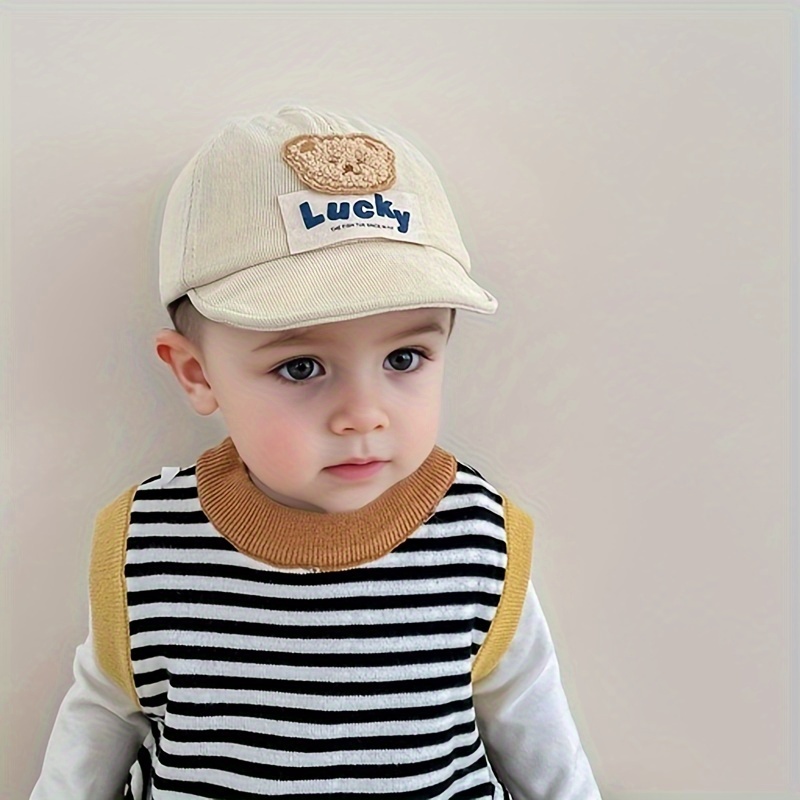 

Unisex Soft Brim Baby " Lucky " Teddy Bear Cap, Fashionable Uv Protection Duckbill Hat, For Boys And Girls 0-3 Years, Ideal For Spring And Fall