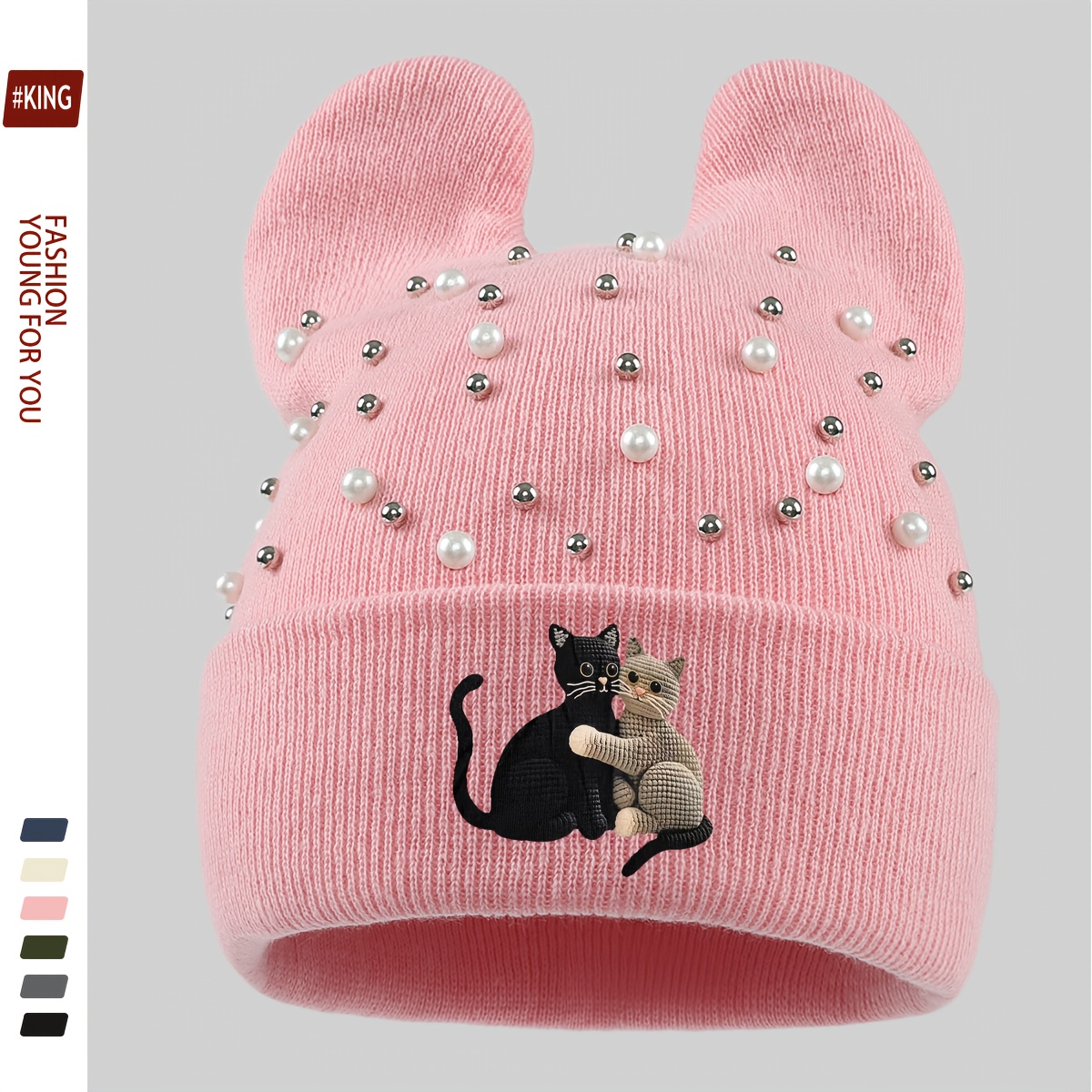 TEMU 1pc Christmas Gift Cat Print Pearl Ear Hat Skull Winter Ski Hat Lightweight -proof Trail Hat Unisex Birthday Gift Fun Accessory Soft -friendly