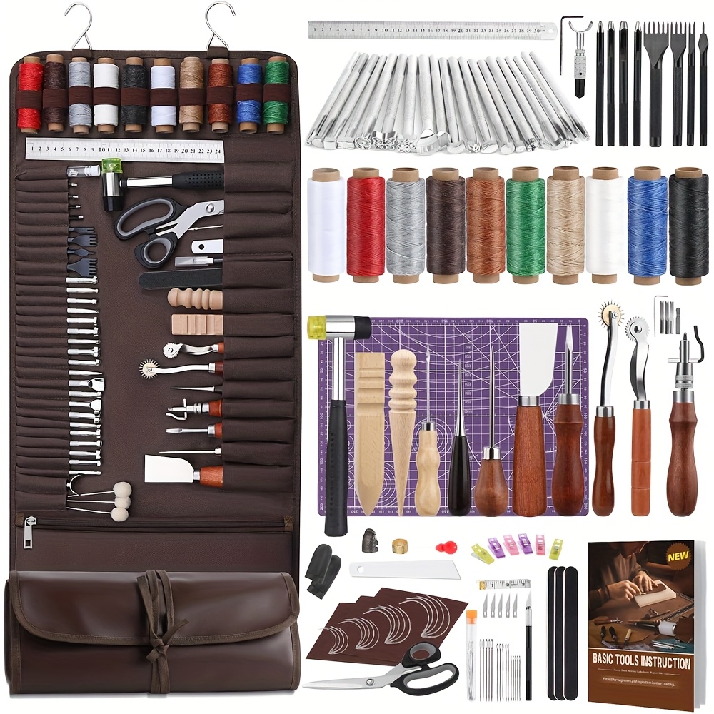 

120pcs Leather Craft Tools Kit, Metal Punching, Stamping, Carving, And Sewing Set, With Double , Craft Knife, And Lacing For Leatherworking Hobbyists