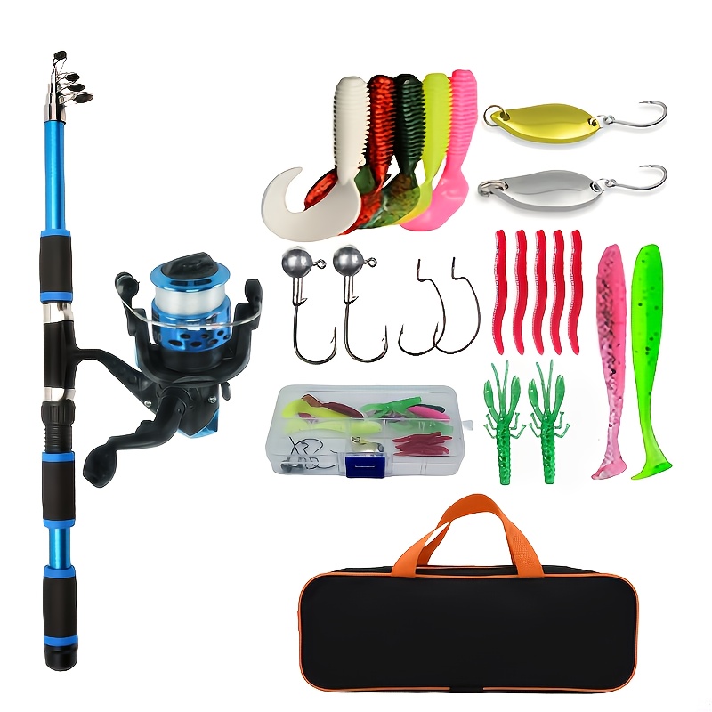 complete fishing kit including a collapsible rod spinning reel baits hooks and travel pole