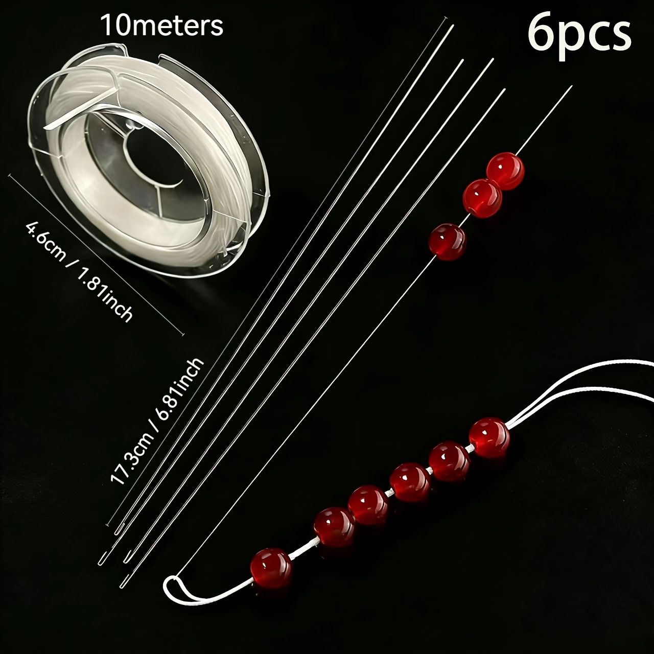 E-shop 6-teiliges Set Perlennadeln 1 Rolle 10 Meter dehnbare Perlenschnur, lange dünne Perlenführer mit seitlichen Öffnungen, für DIY handgemachten